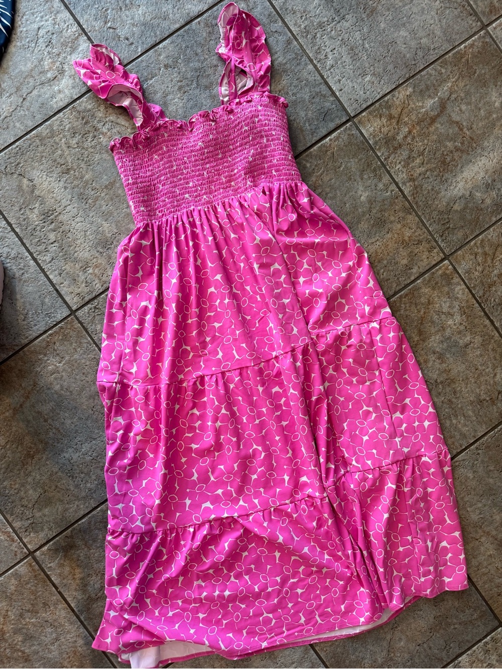 MAHI GOLD Hot Pink Smocked Maxi Dress with White Ring Print